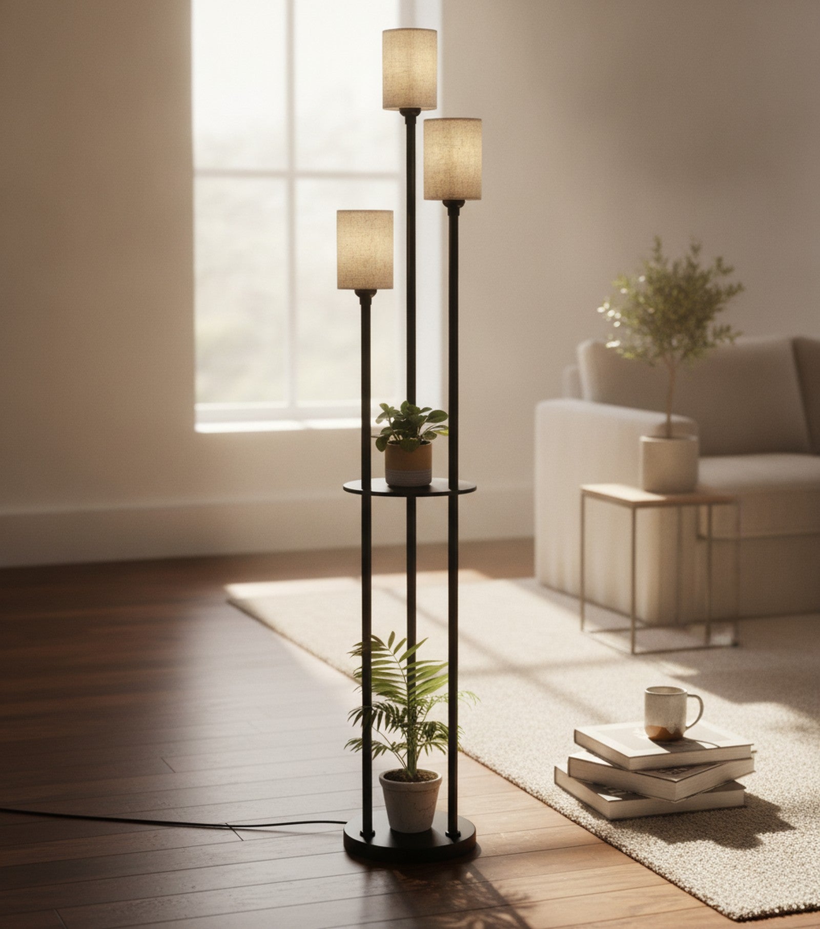 Modern Industrial 3-Light Floor Lamp with Shelves — detail — Maison Bruxelle