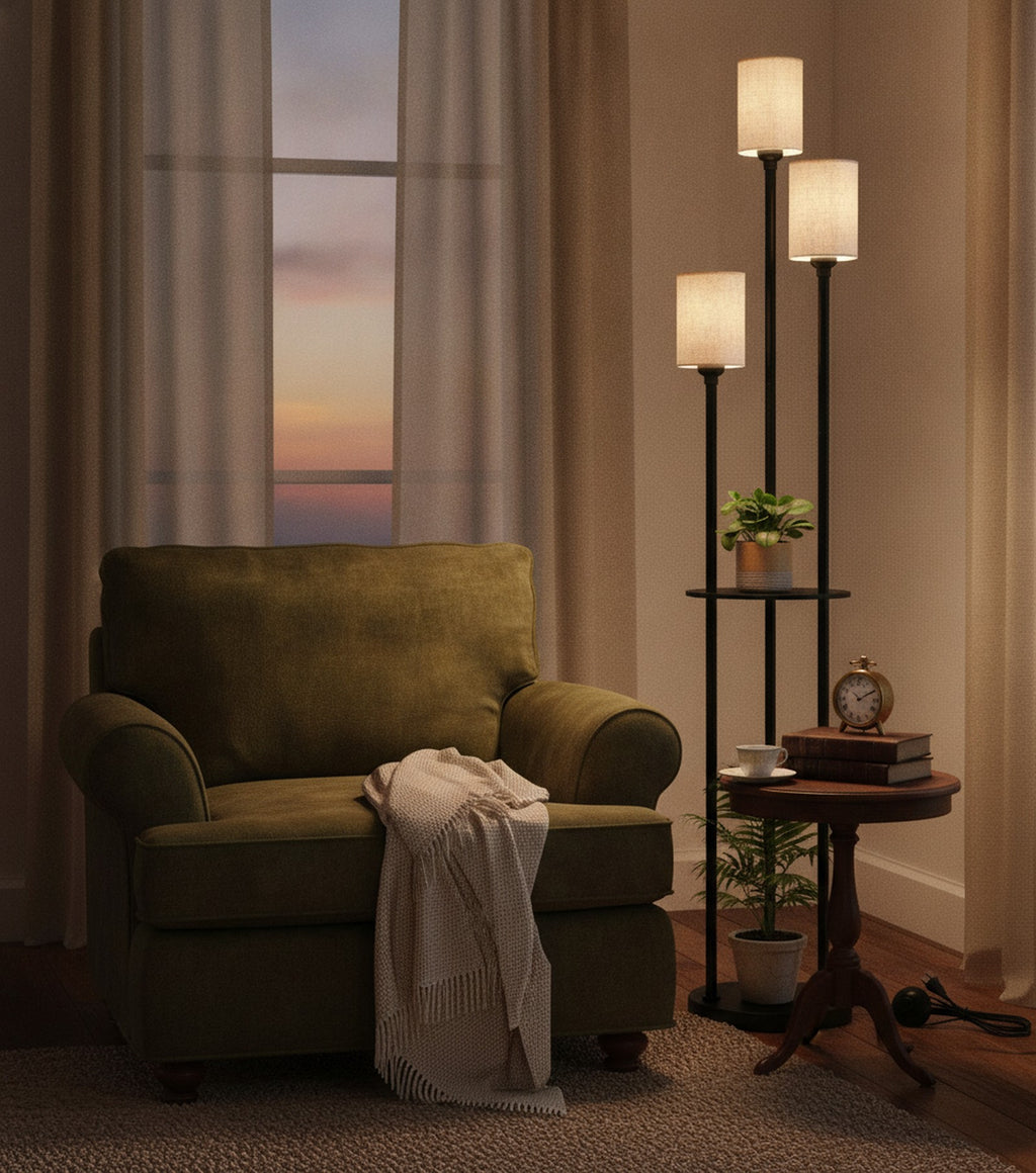 Modern Industrial 3-Light Floor Lamp with Shelves — styled in a Maison Bruxelle interior