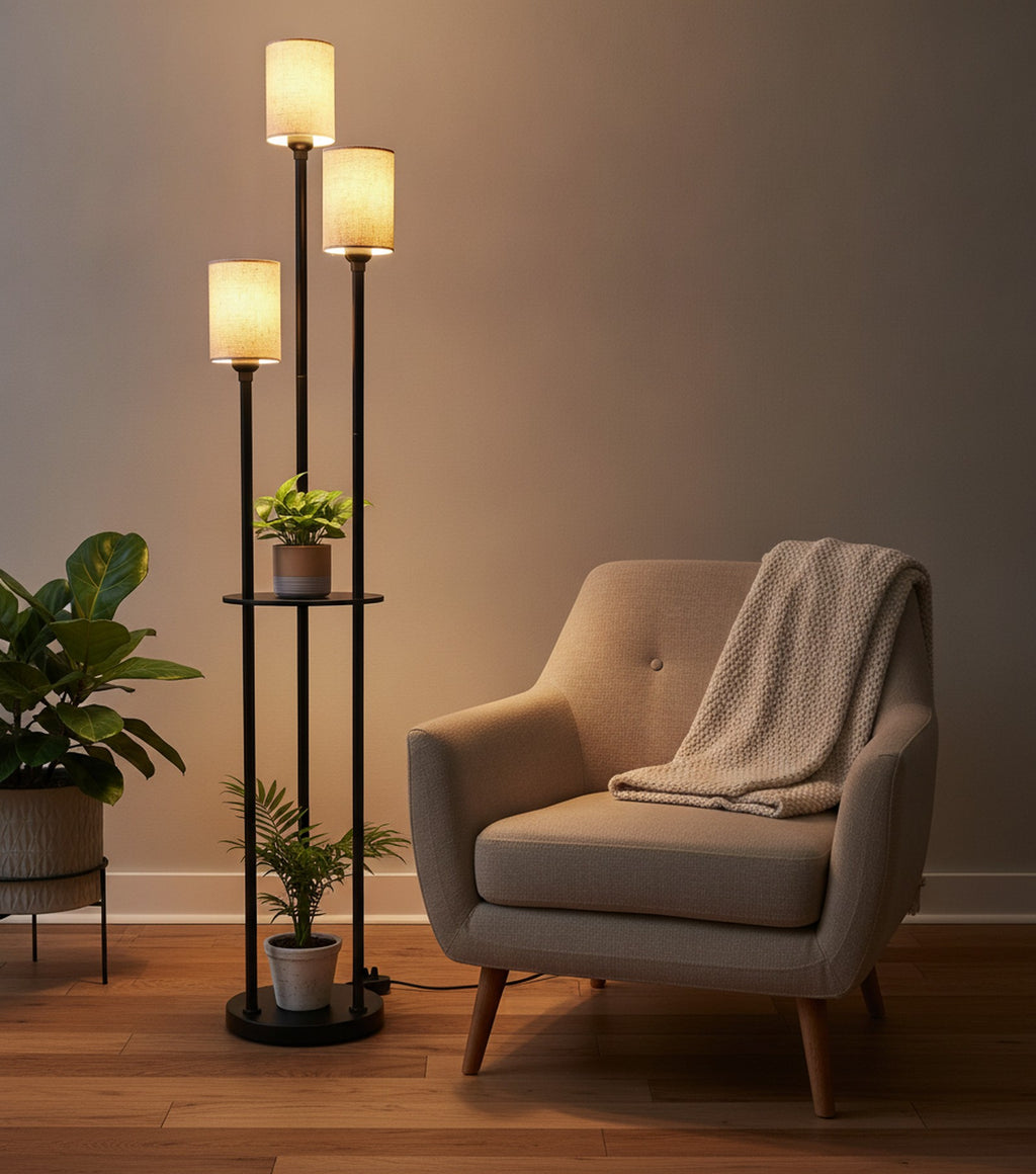 Modern Industrial 3-Light Floor Lamp with Shelves — styled — Maison Bruxelle