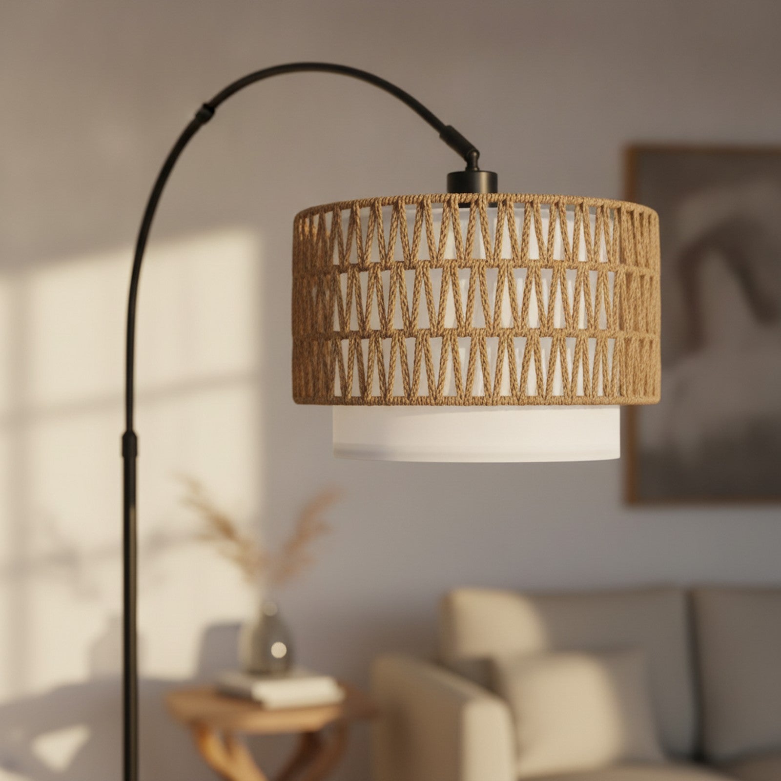 Black Arc Floor Lamp, Fabric & Rattan Shades — detail — Maison Bruxelle
