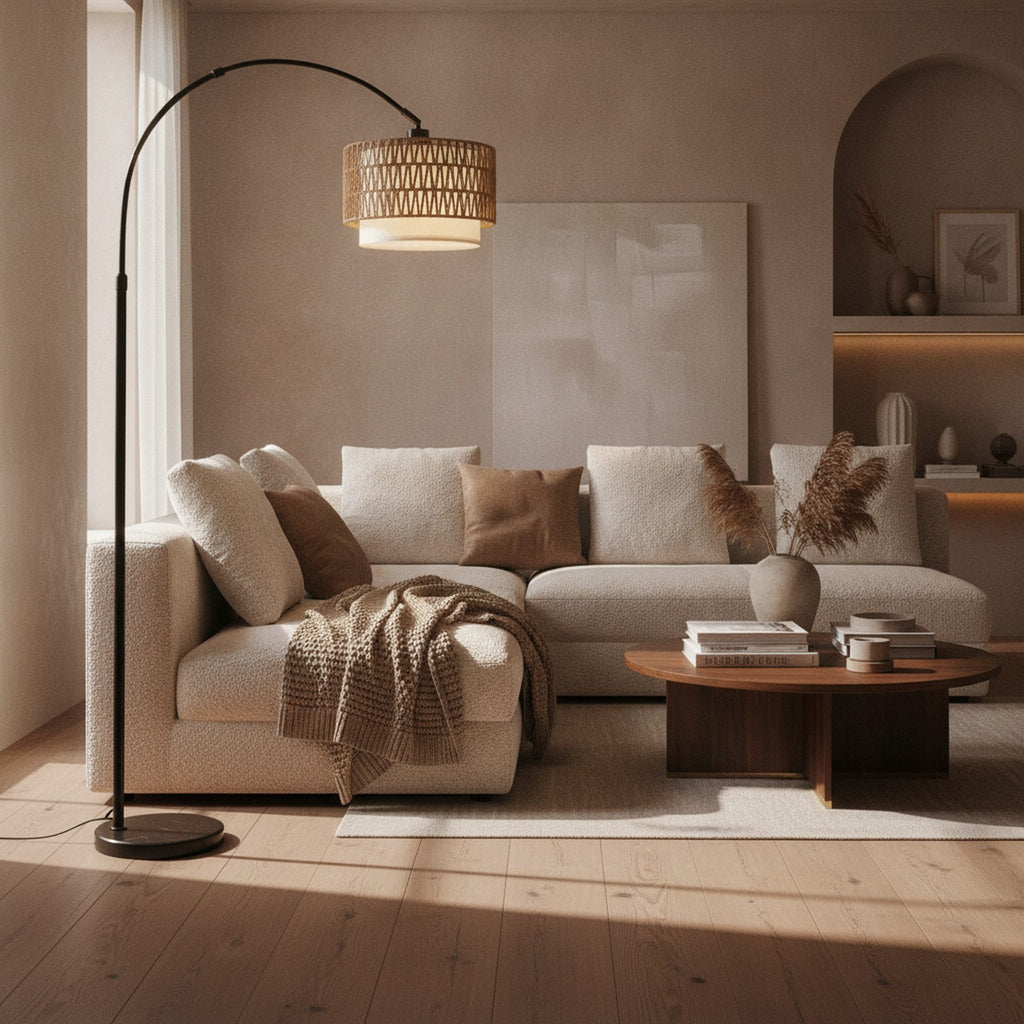 Black Arc Floor Lamp, Fabric & Rattan Shades — styled in a Maison Bruxelle interior