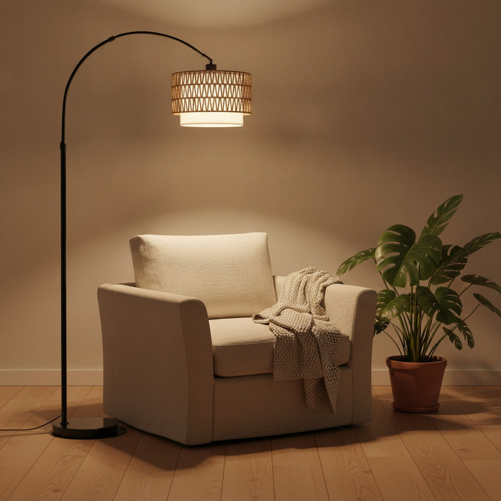 Black Arc Floor Lamp, Fabric & Rattan Shades — styled — Maison Bruxelle