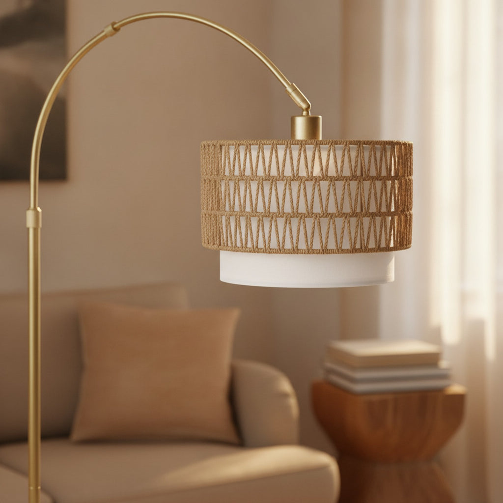 Gold Arc Floor Lamp, Rattan & Linen Shades — detail — Maison Bruxelle