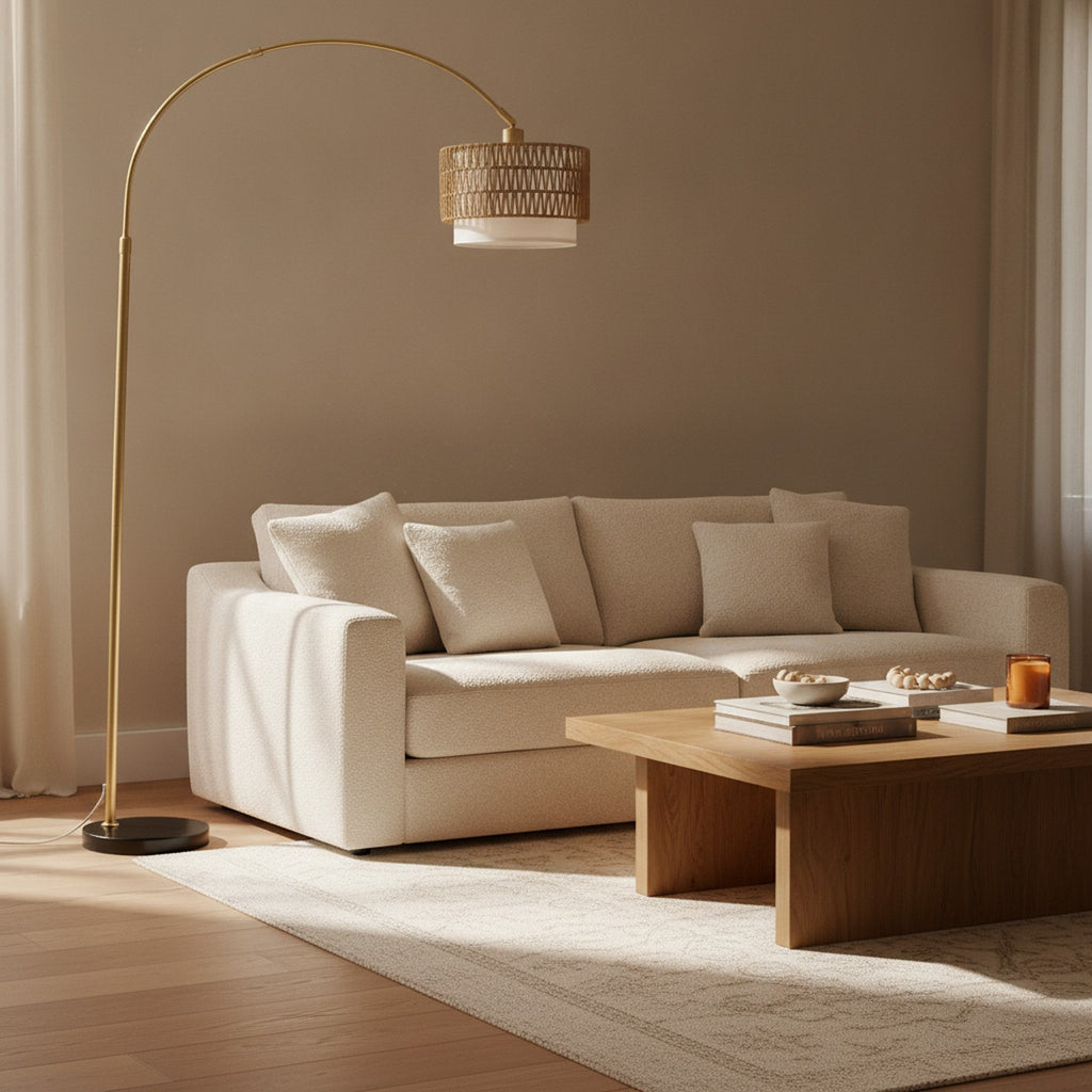 Gold Arc Floor Lamp, Rattan & Linen Shades — styled in a Maison Bruxelle interior