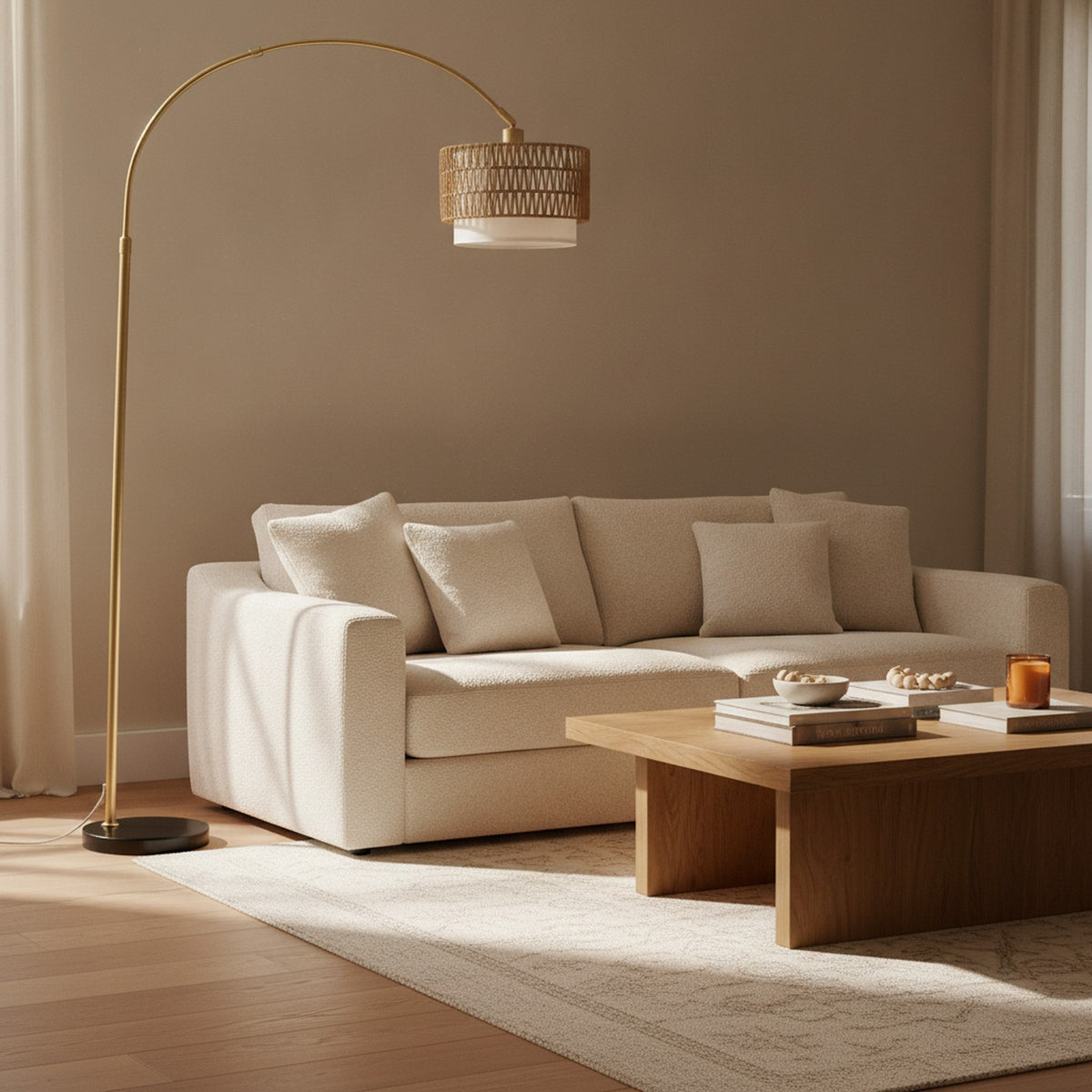 Gold Arc Floor Lamp, Rattan & Linen Shades — styled in a Maison Bruxelle interior