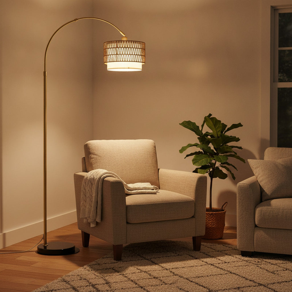 Gold Arc Floor Lamp, Rattan & Linen Shades — styled — Maison Bruxelle
