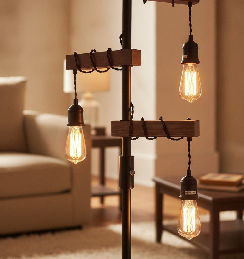 Dimmable Industrial 3-Light Wood & Black Metal Floor Lamp — detail — Maison Bruxelle