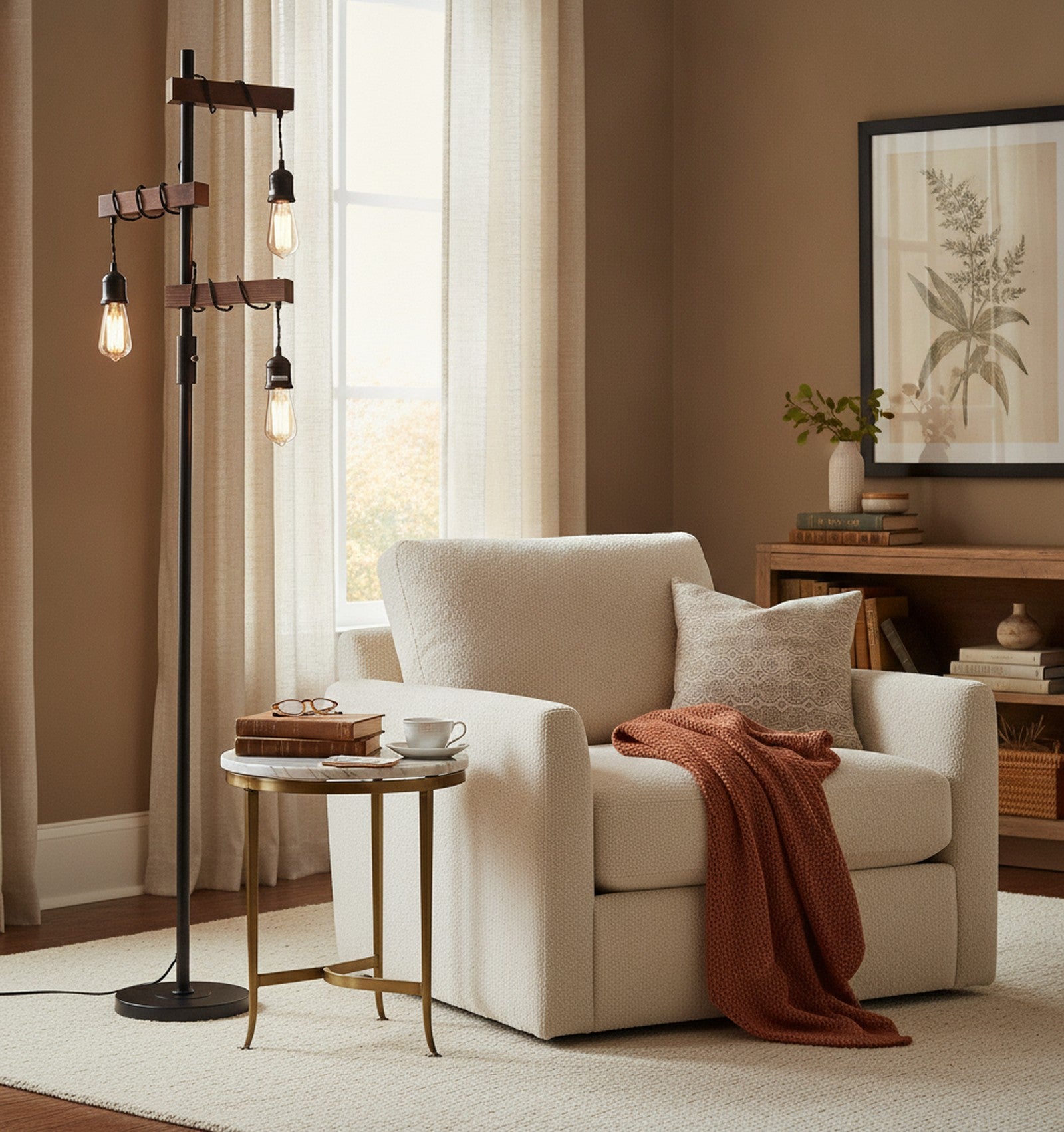 Dimmable Industrial 3-Light Wood & Black Metal Floor Lamp — styled in a Maison Bruxelle interior