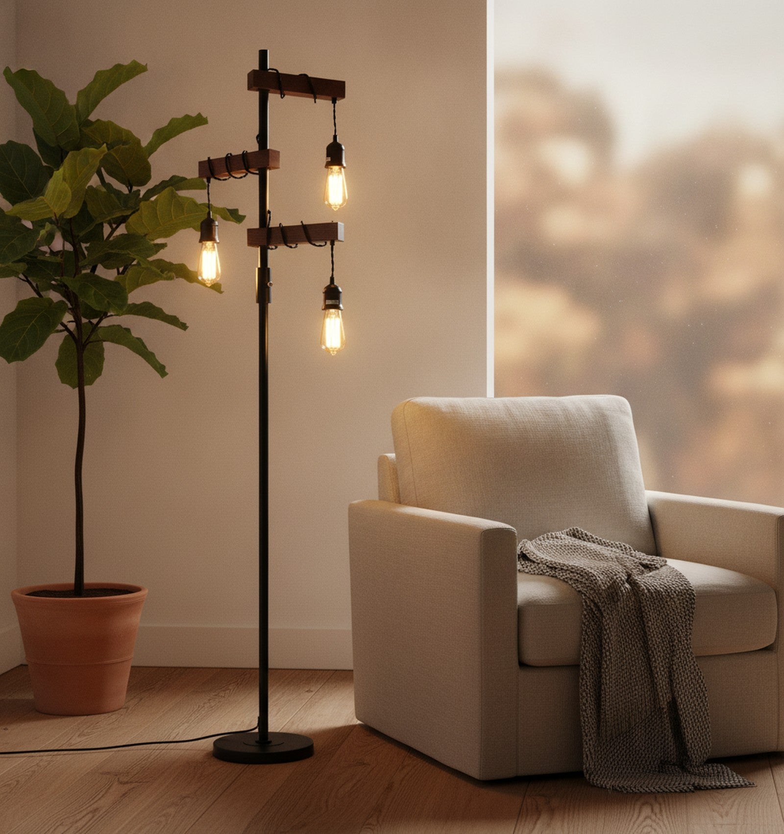 Dimmable Industrial 3-Light Wood & Black Metal Floor Lamp — styled — Maison Bruxelle