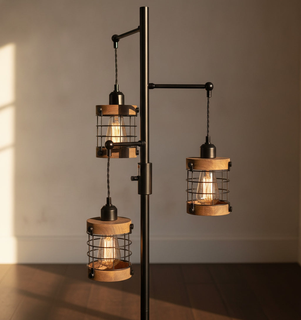 Dimmable 3-Light Industrial Floor Lamp, Wood & Metal Cage — detail — Maison Bruxelle