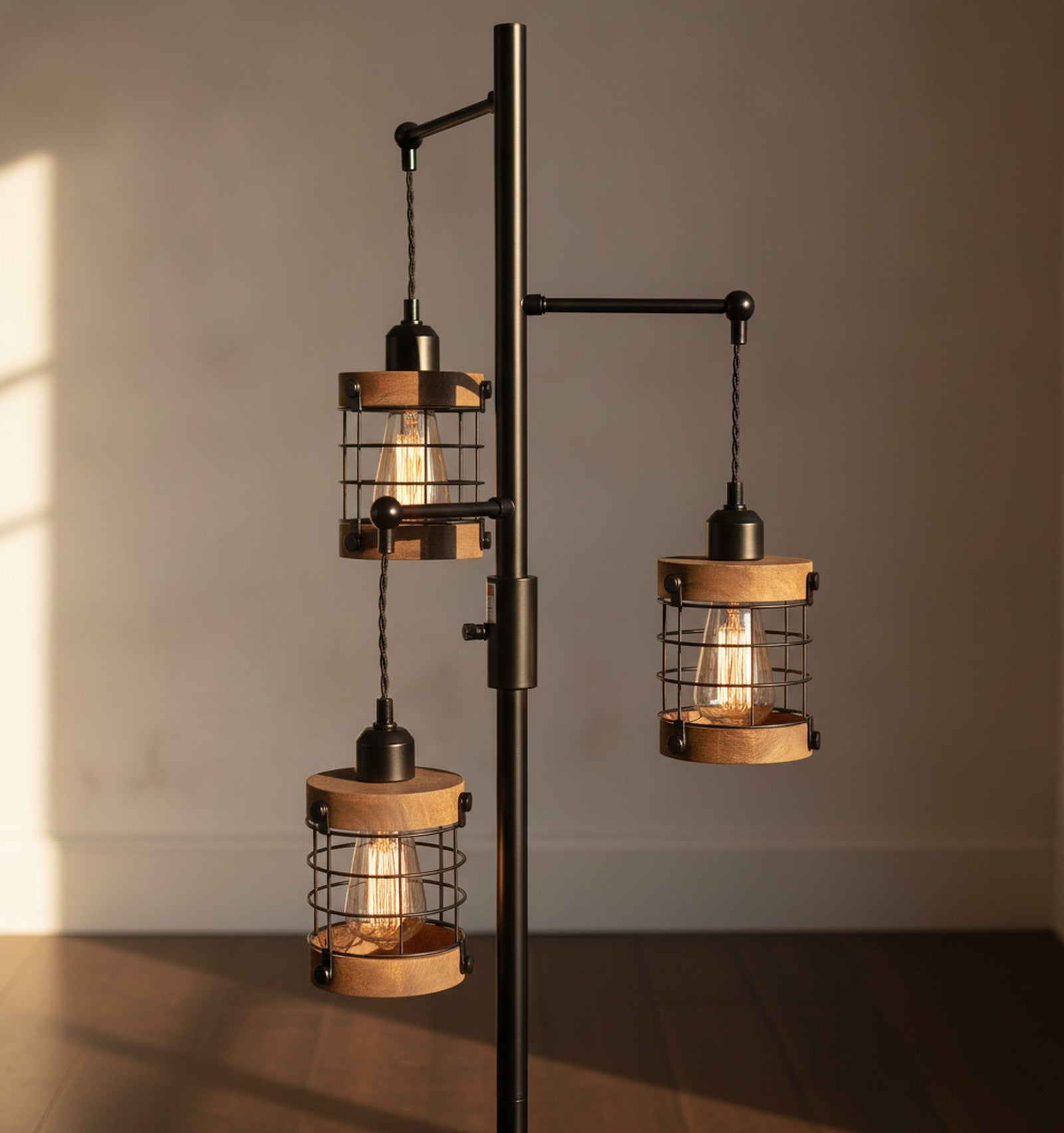 Dimmable 3-Light Industrial Floor Lamp, Wood & Metal Cage — detail — Maison Bruxelle