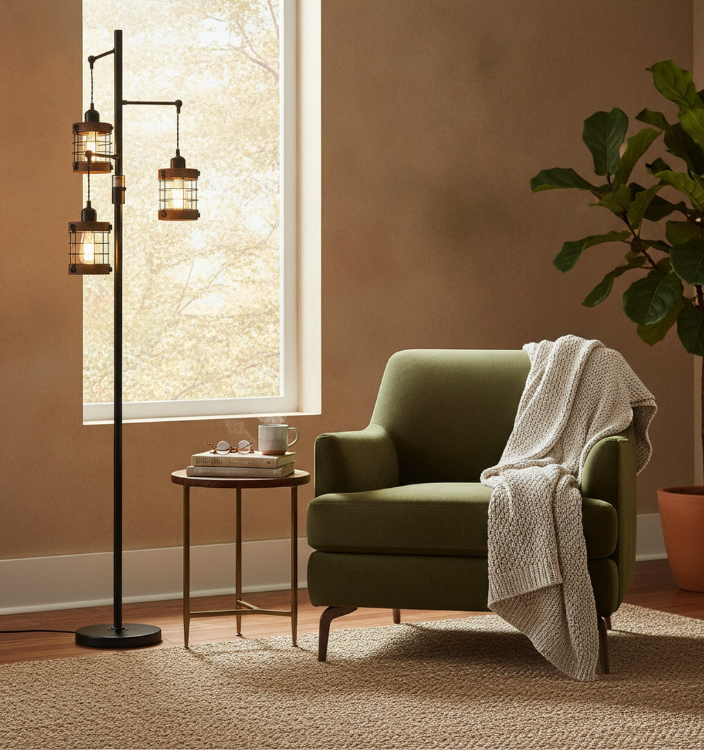 Dimmable 3-Light Industrial Floor Lamp, Wood & Metal Cage — styled in a Maison Bruxelle interior