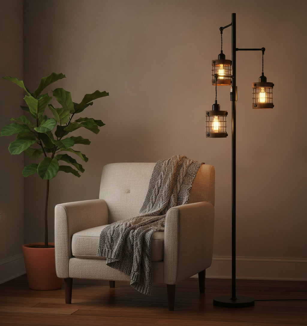 Dimmable 3-Light Industrial Floor Lamp, Wood & Metal Cage — styled — Maison Bruxelle