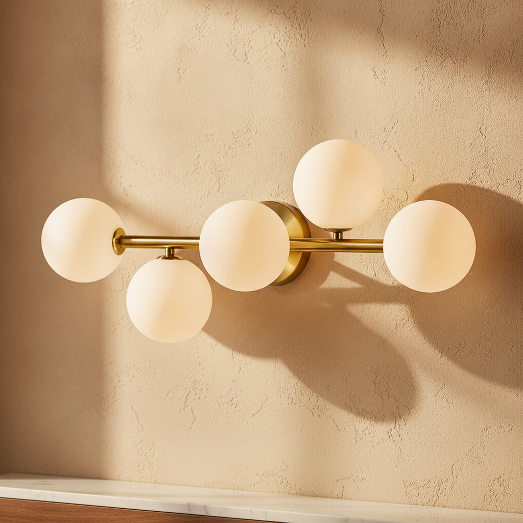 Mid-Century Modern Gold 5-Light Sconce, Milk Glass — detail — Maison Bruxelle
