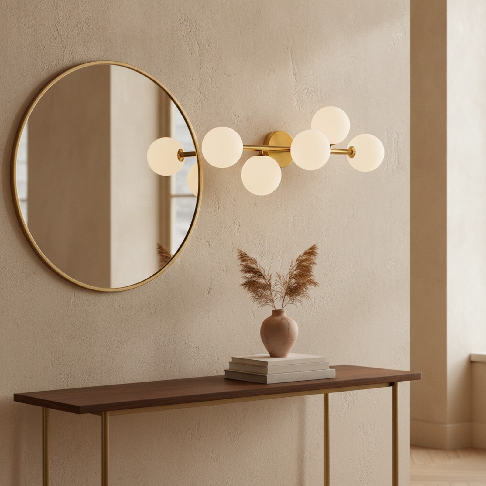 Mid-Century Modern Gold 5-Light Sconce, Milk Glass — styled in a Maison Bruxelle interior