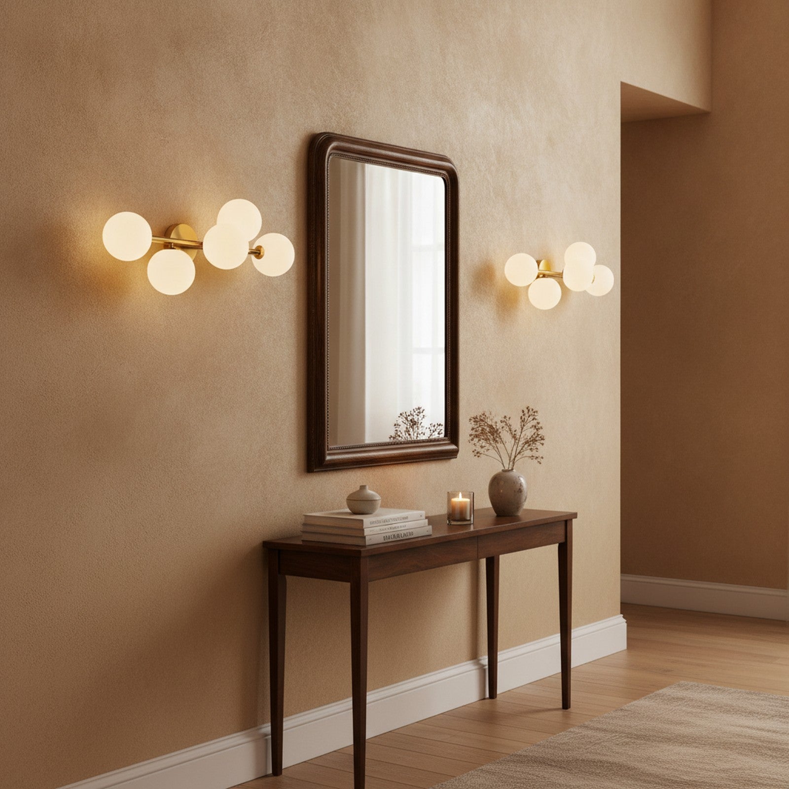 Mid-Century Modern Gold 5-Light Sconce, Milk Glass — styled — Maison Bruxelle