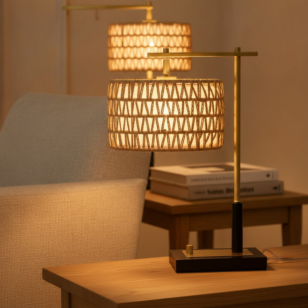 Rope & White Fabric Table Lamp Set of 2 — detail — Maison Bruxelle
