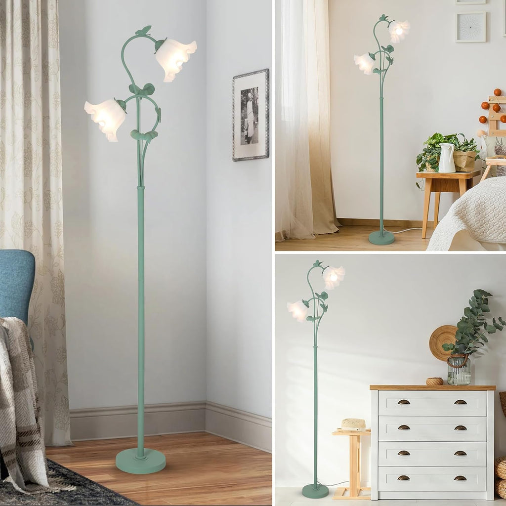 Vintage Green Floral 2-Light Floor Lamp