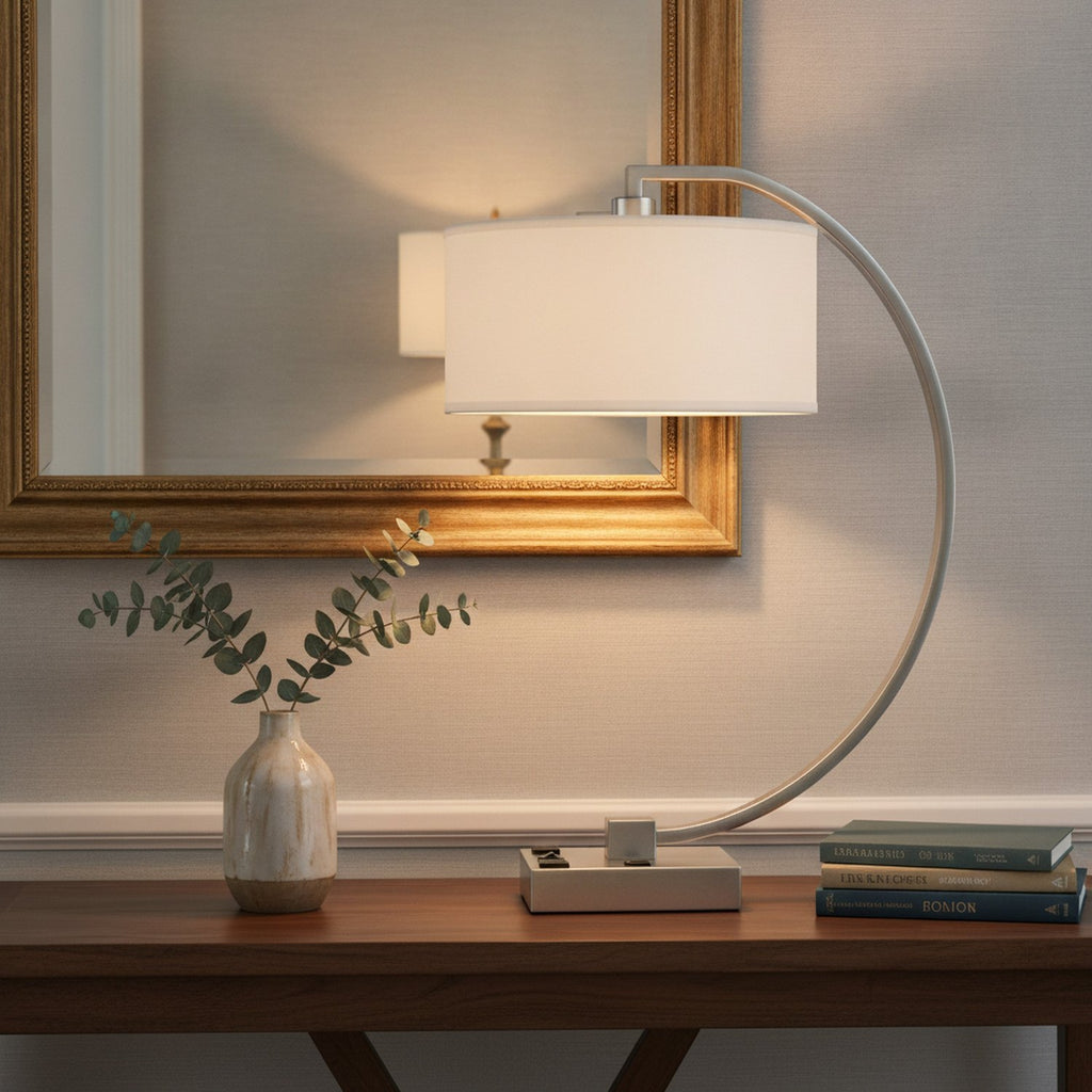 26" Nickel Metal Lantern Desk USB Table Lamp With White Shade - L1