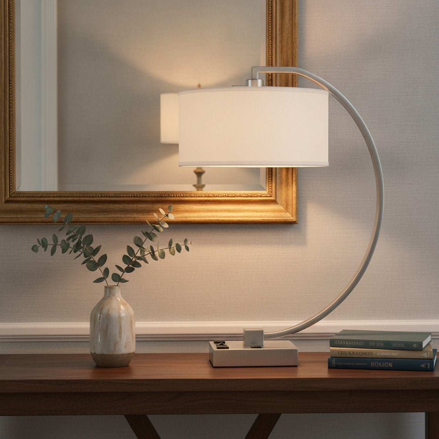 26" Nickel Metal Lantern Desk USB Table Lamp With White Shade - L1