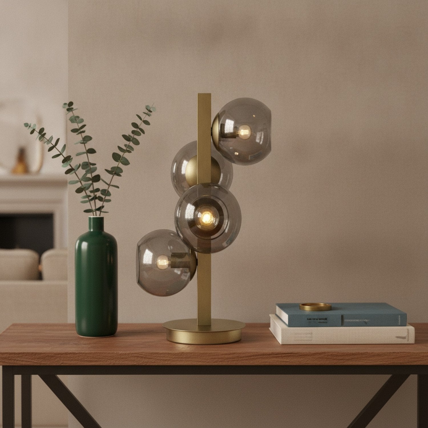 24" Brass Metal Four Light Novelty Table Lamp With Silver Metallic Globe Shades - L1