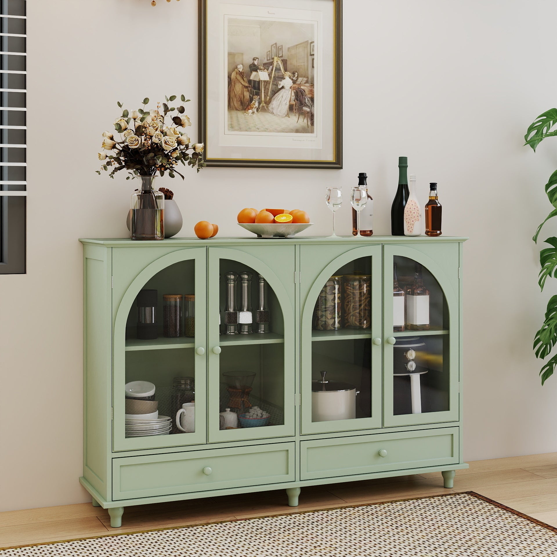 Green Arched Glass-Door Sideboard, 2 Drawers & Display Shelves