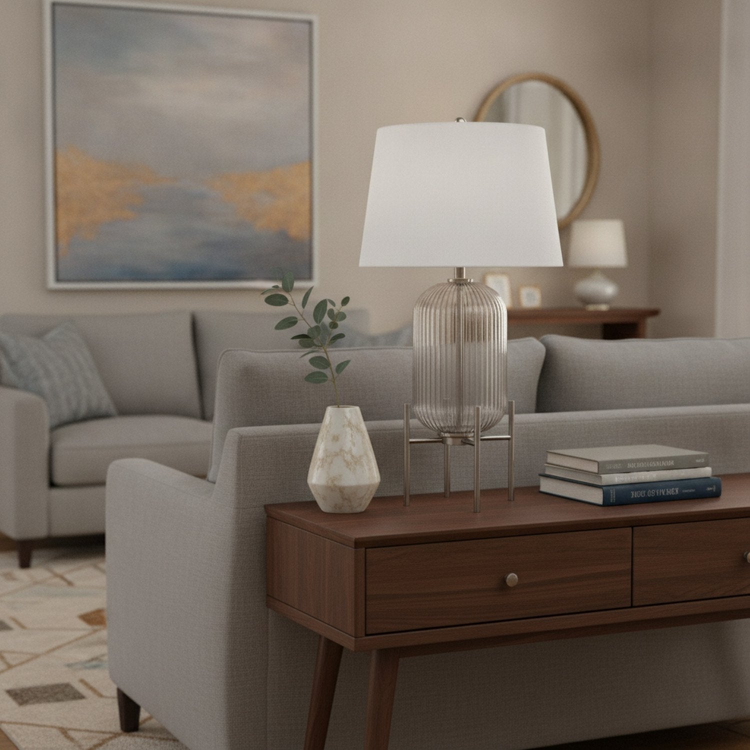 33" Nickel Glass Round Table Lamp With White Empire Shade - L1