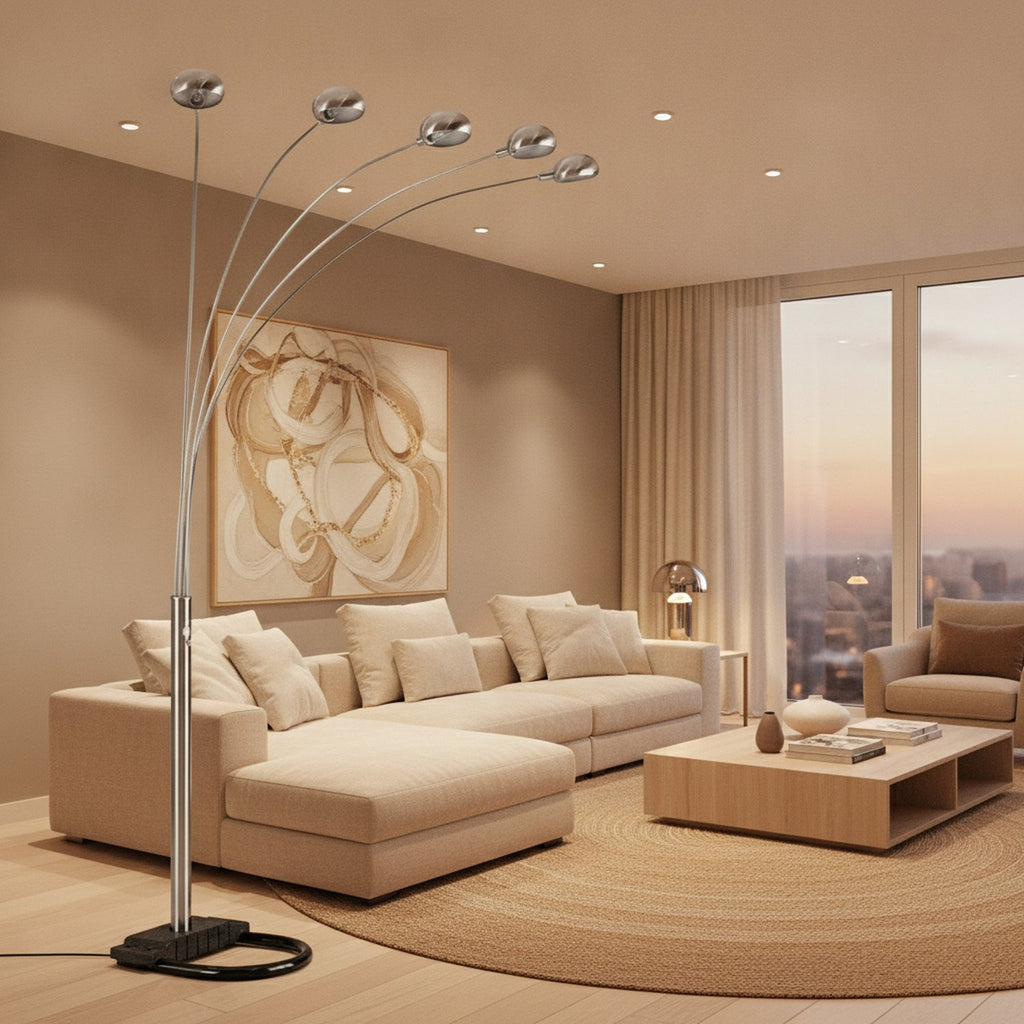 84" Nickel Five Lights Arc Floor Lamp With Nickel Dome Shade - L1