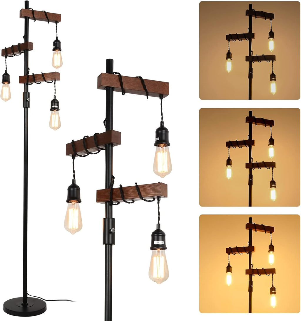 Dimmable Industrial 3-Light Wood & Black Metal Floor Lamp
