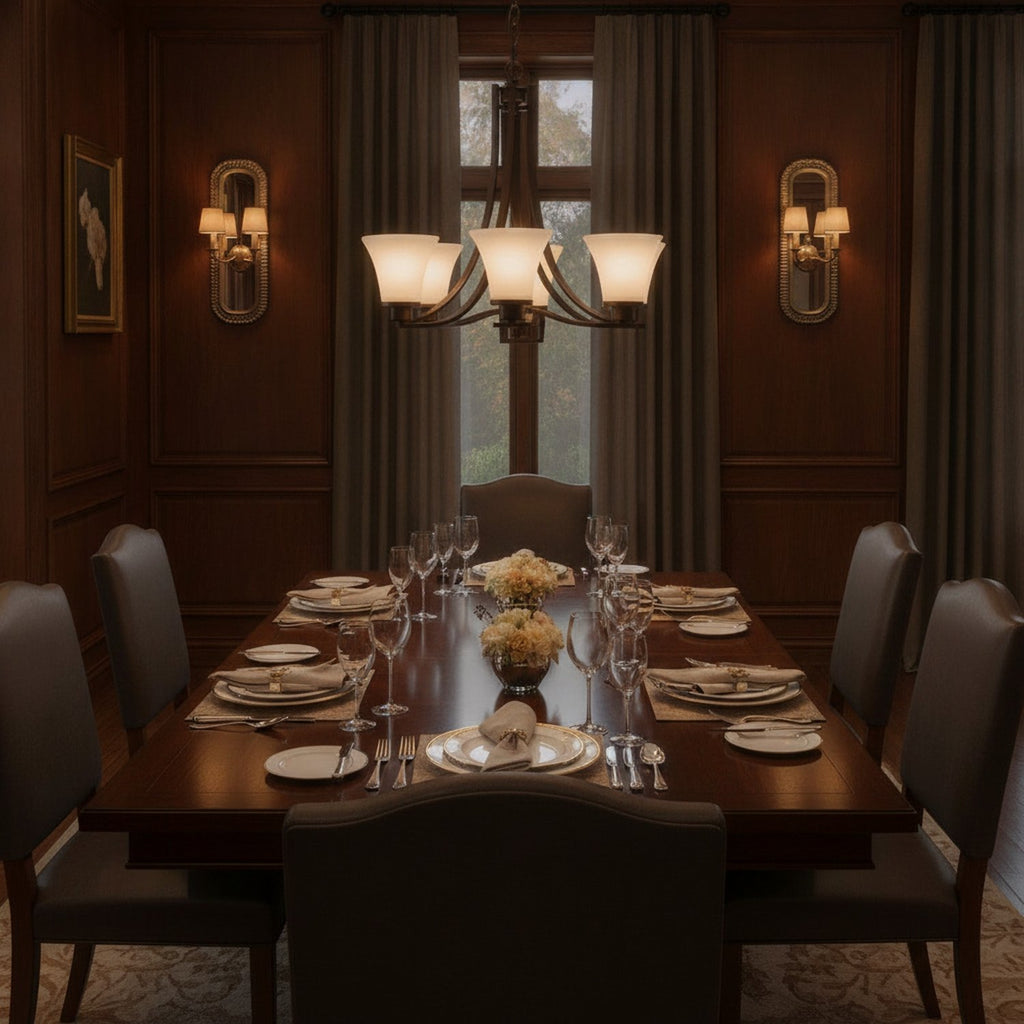 Bronze Candle Style Five Light Frosted Metal Dimmable Chandelier With White Shades - L1