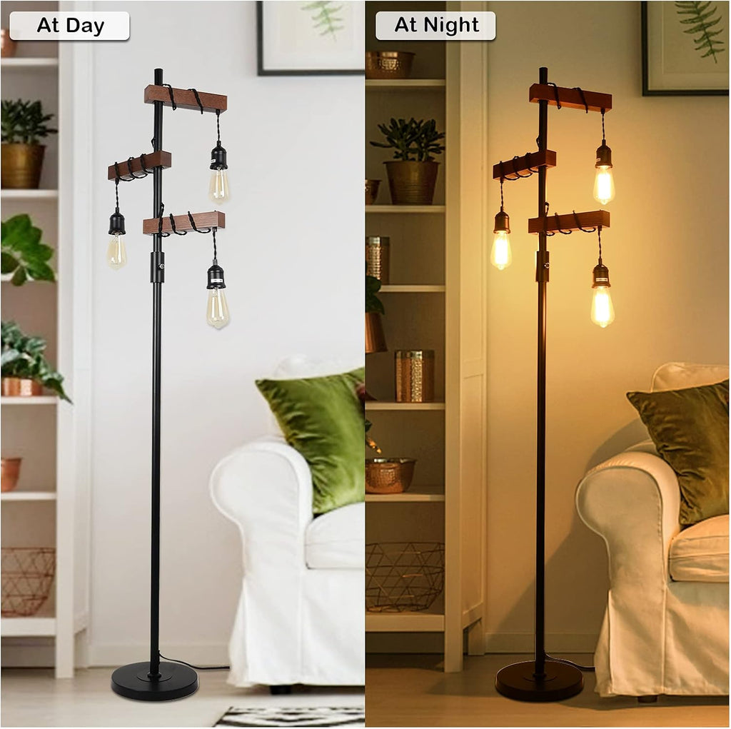 Dimmable Industrial 3-Light Wood & Black Metal Floor Lamp