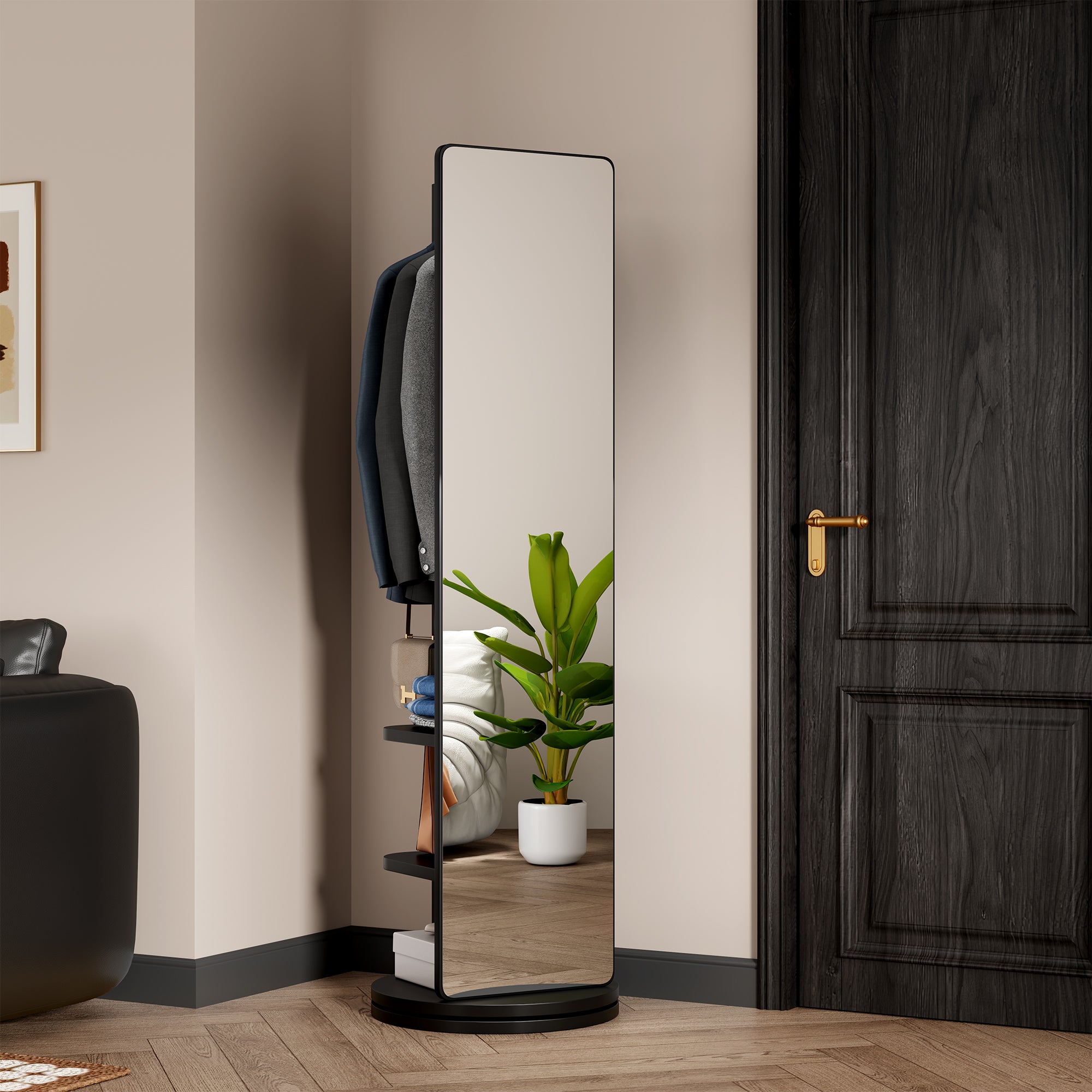 360 Rotating Full-Length Mirror with Coat Rack, 69", Black