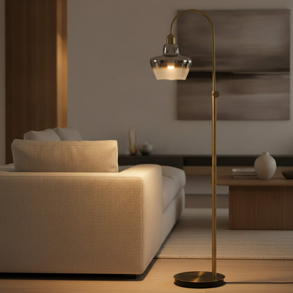 61" Brass Adjustable Arc Floor Lamp With Antiqued Brass Mirrored Glass Novelty Shade - L1