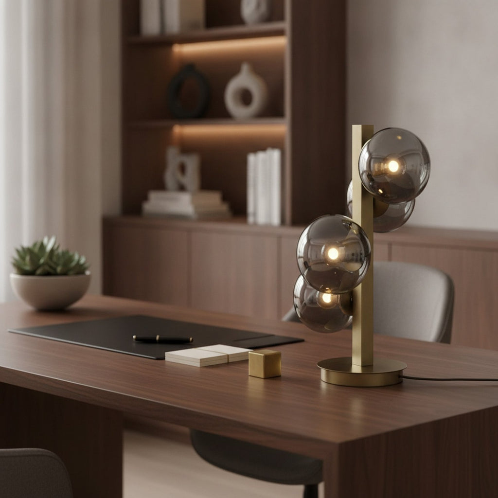 24" Brass Metal Four Light Novelty Table Lamp With Silver Metallic Globe Shades - L3