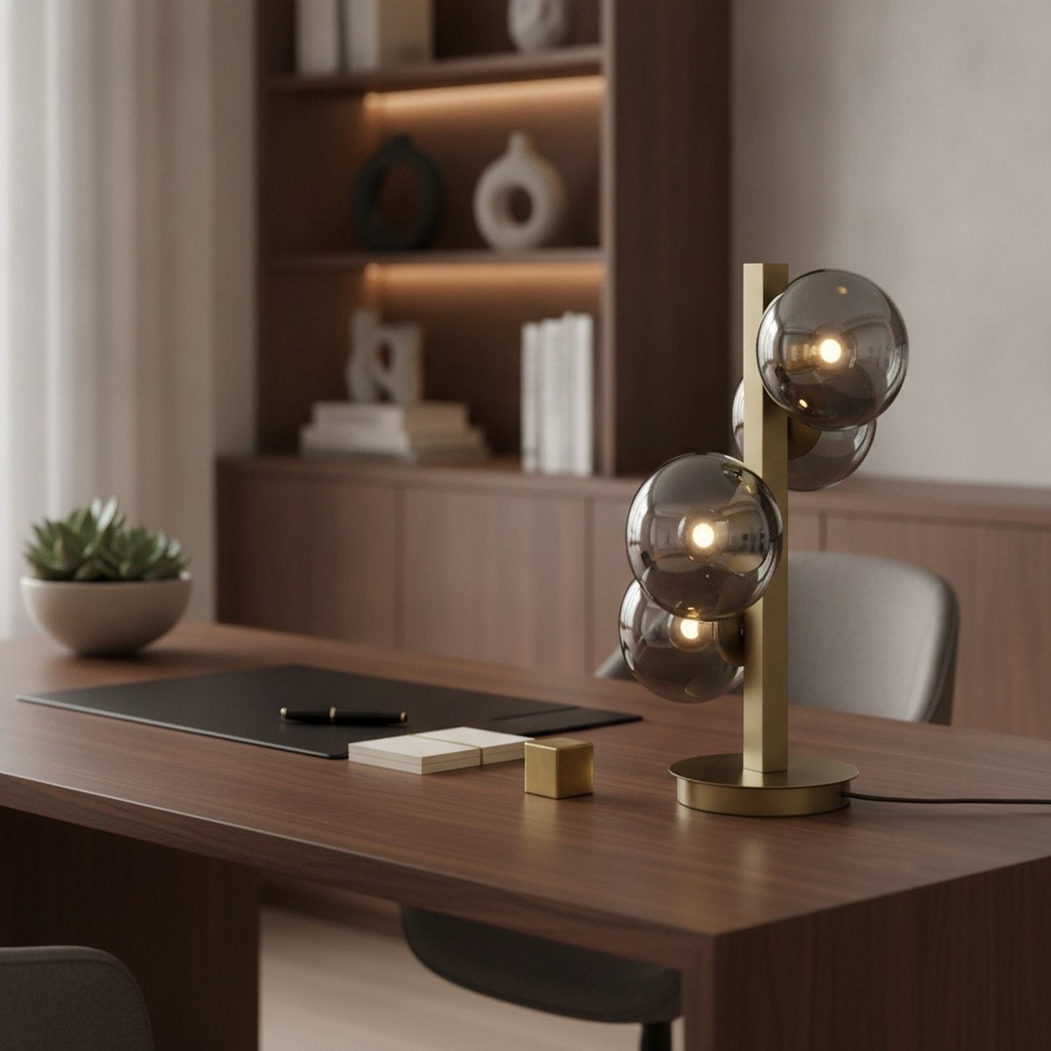 24" Brass Metal Four Light Novelty Table Lamp With Silver Metallic Globe Shades - L3