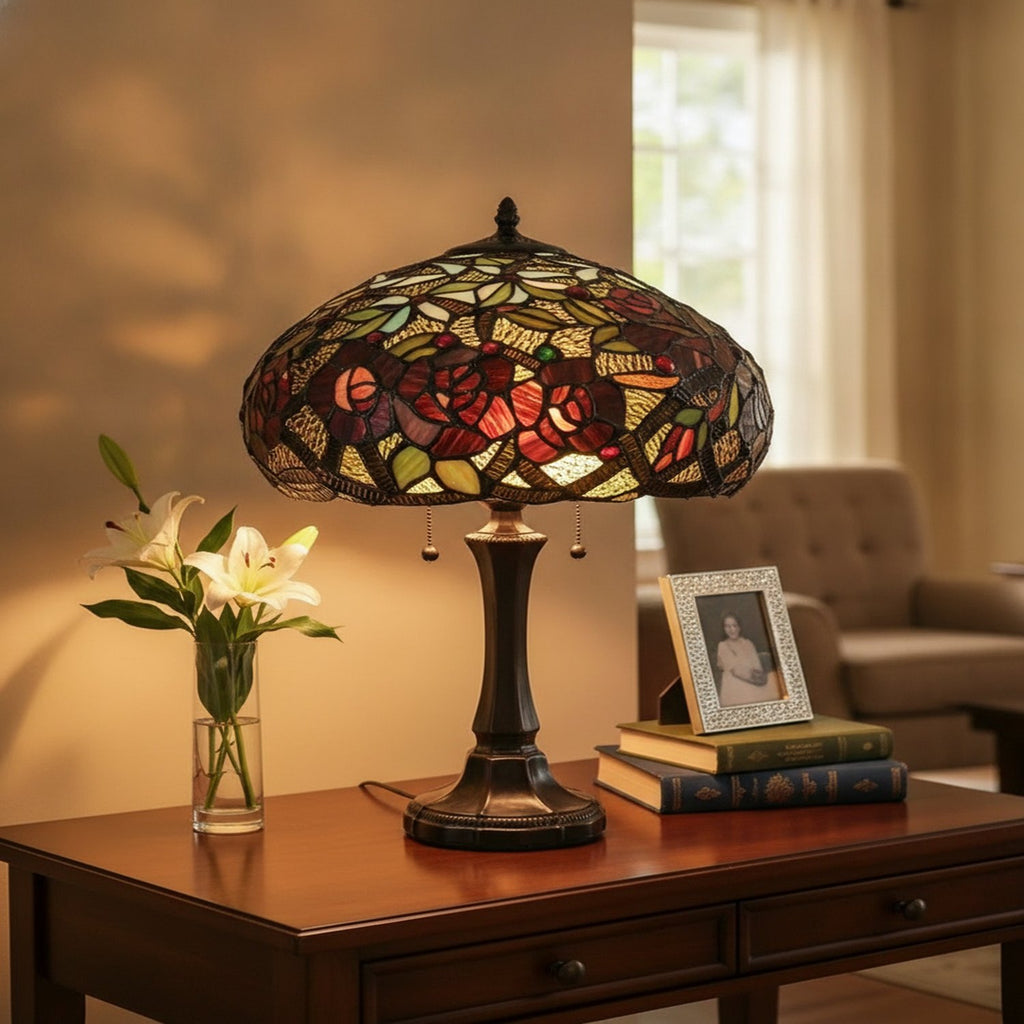 24" Dark Brown Metal Two Light Candlestick Table Lamp With Red Dome Shade - L1