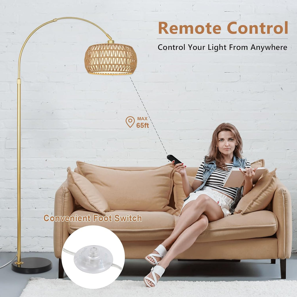 Gold Boho Rattan Arc Floor Lamp