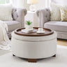 Round Storage Ottoman with Reversible Lid, Boucle, Beige