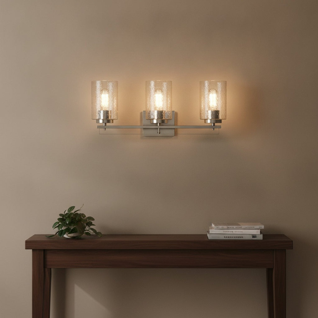 Silver Metal and Textured Glass Three Light Wall Sconce - L1