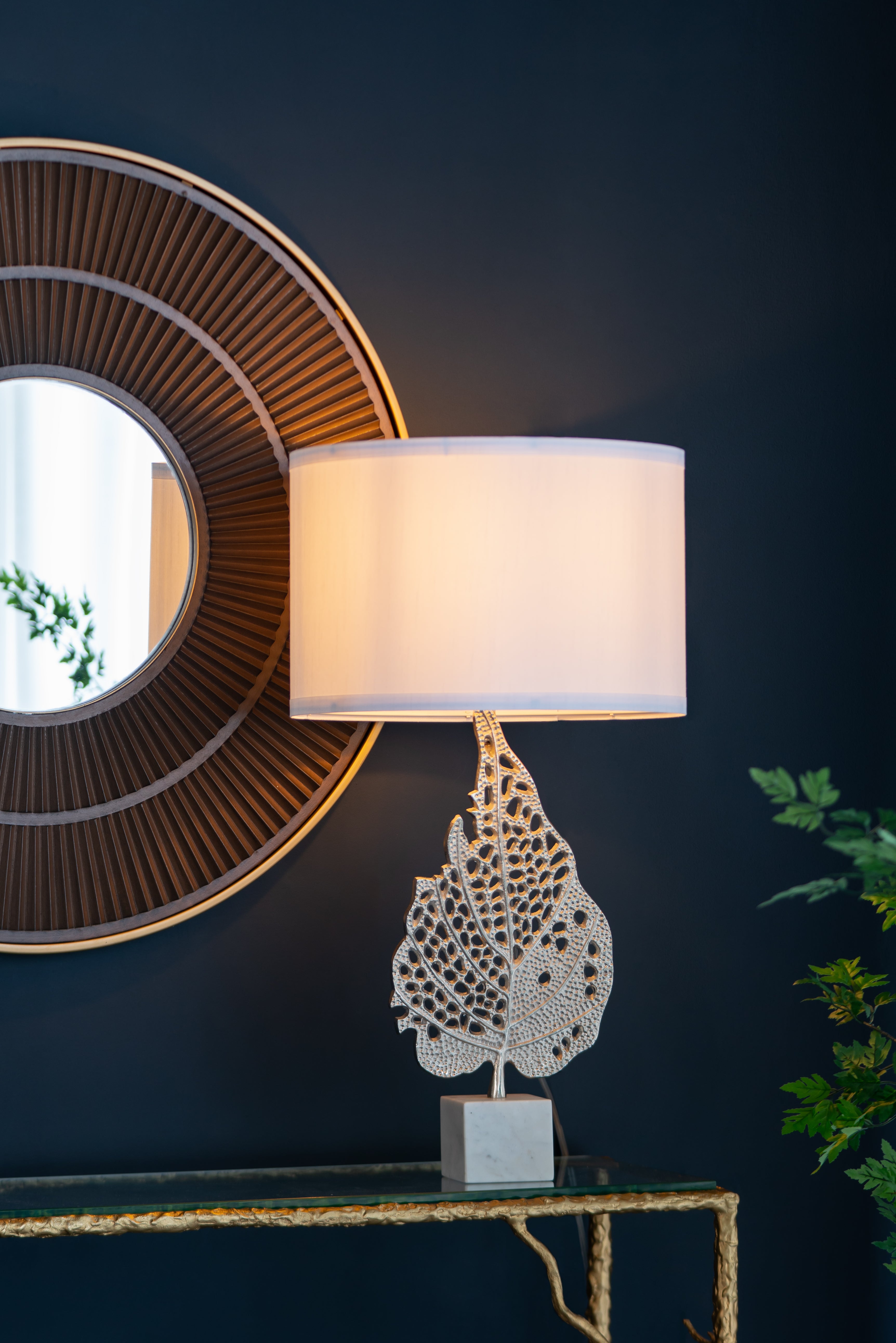 D15x29.3" White and Silver Leaf Table Lamp with Drum Shade