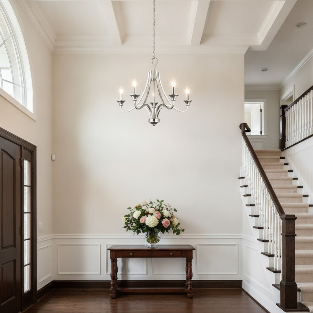 Nickel Candle Style Five Light Metal Dimmable Chandelier - L2