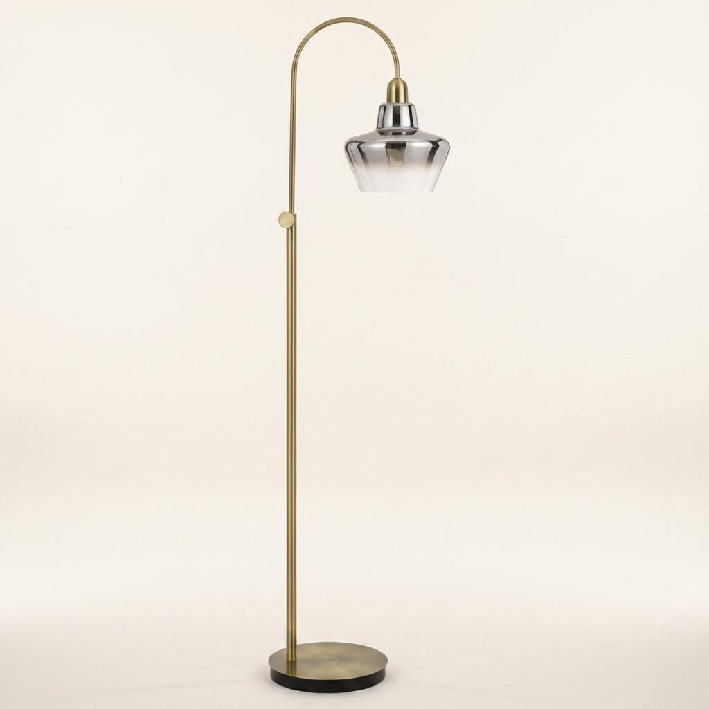 61" Brass Adjustable Arc Floor Lamp With Antiqued Brass Mirrored Glass Novelty Shade - hero