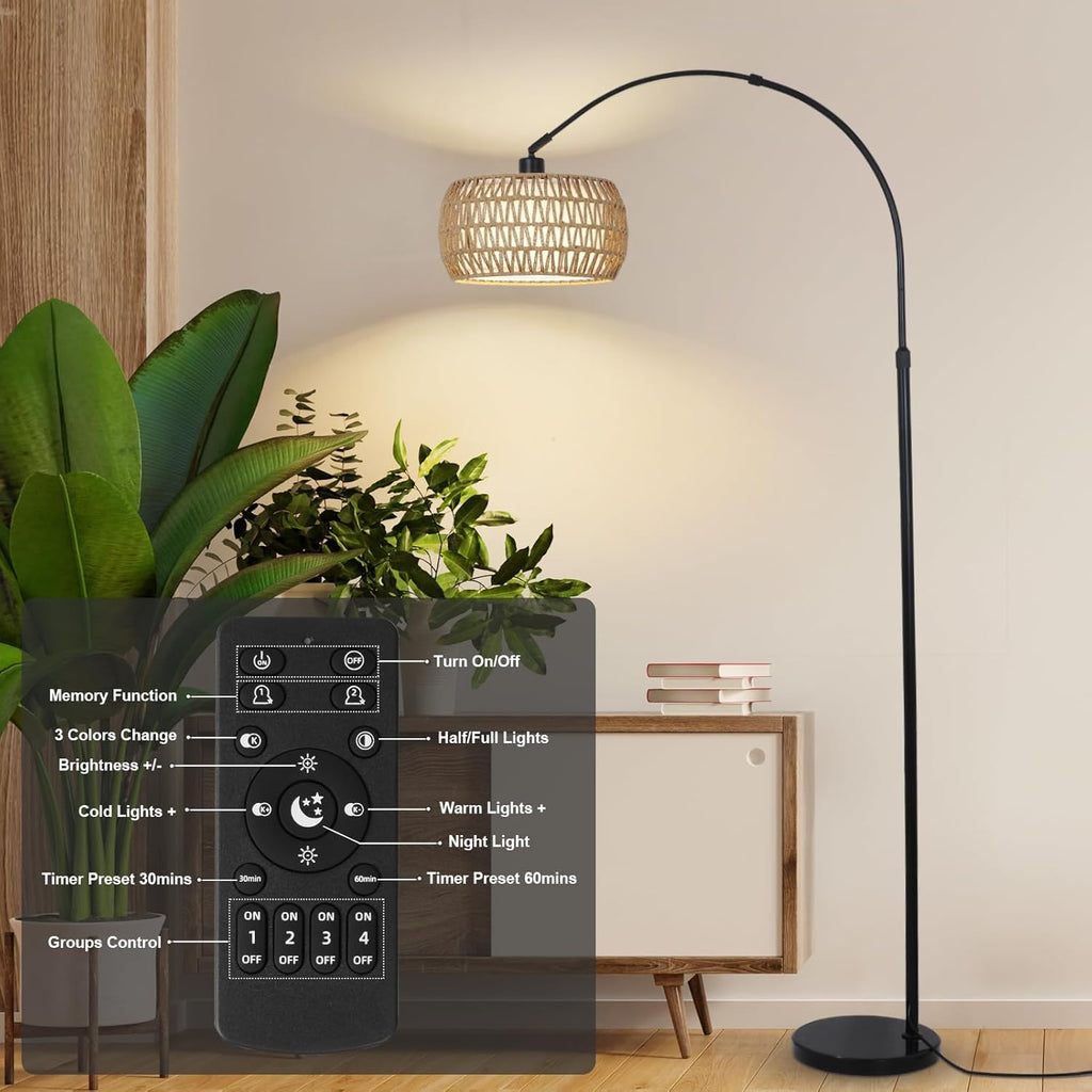 Black Rattan Boho Arc Floor Lamp