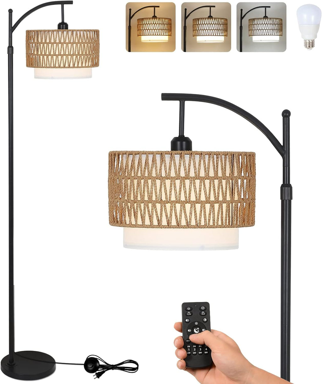 Boho Arc Floor Lamp, Rattan & Fabric Shades