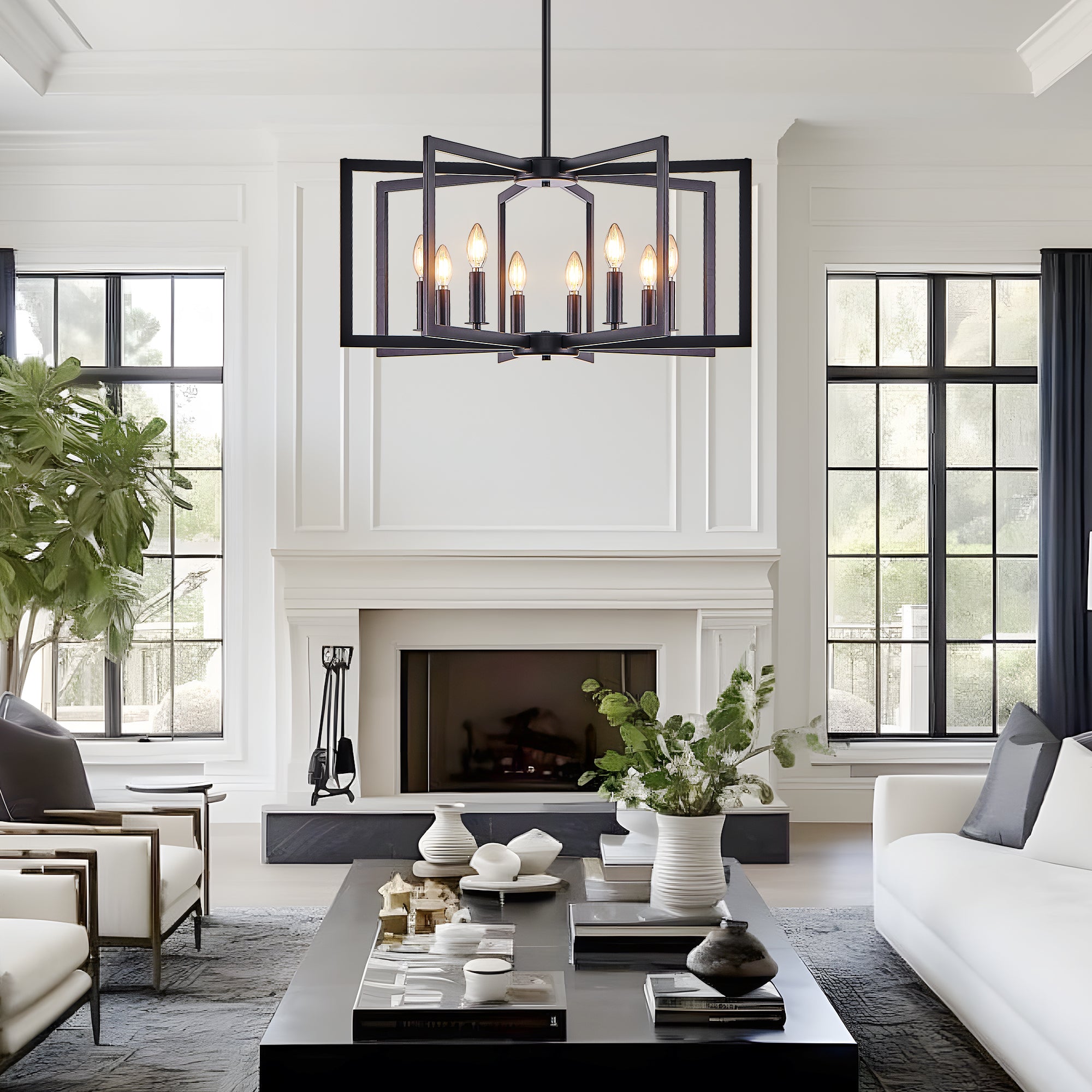 27" Modern Black Geometric 8-Light Chandelier