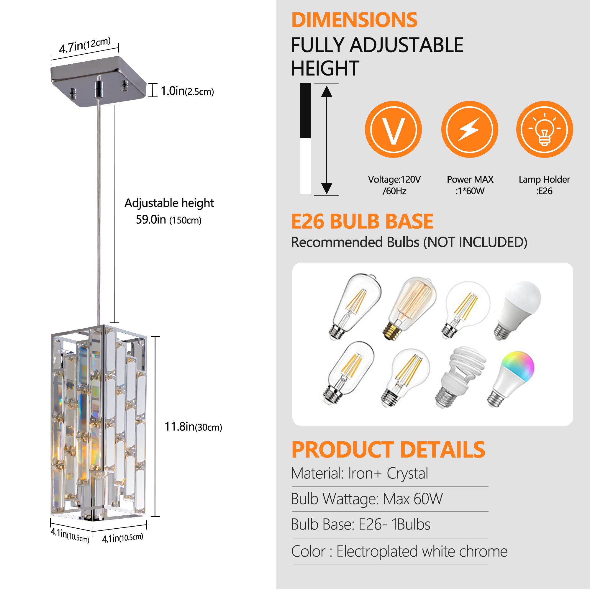4" Modern Crystal Pendant Light - 3 Pack