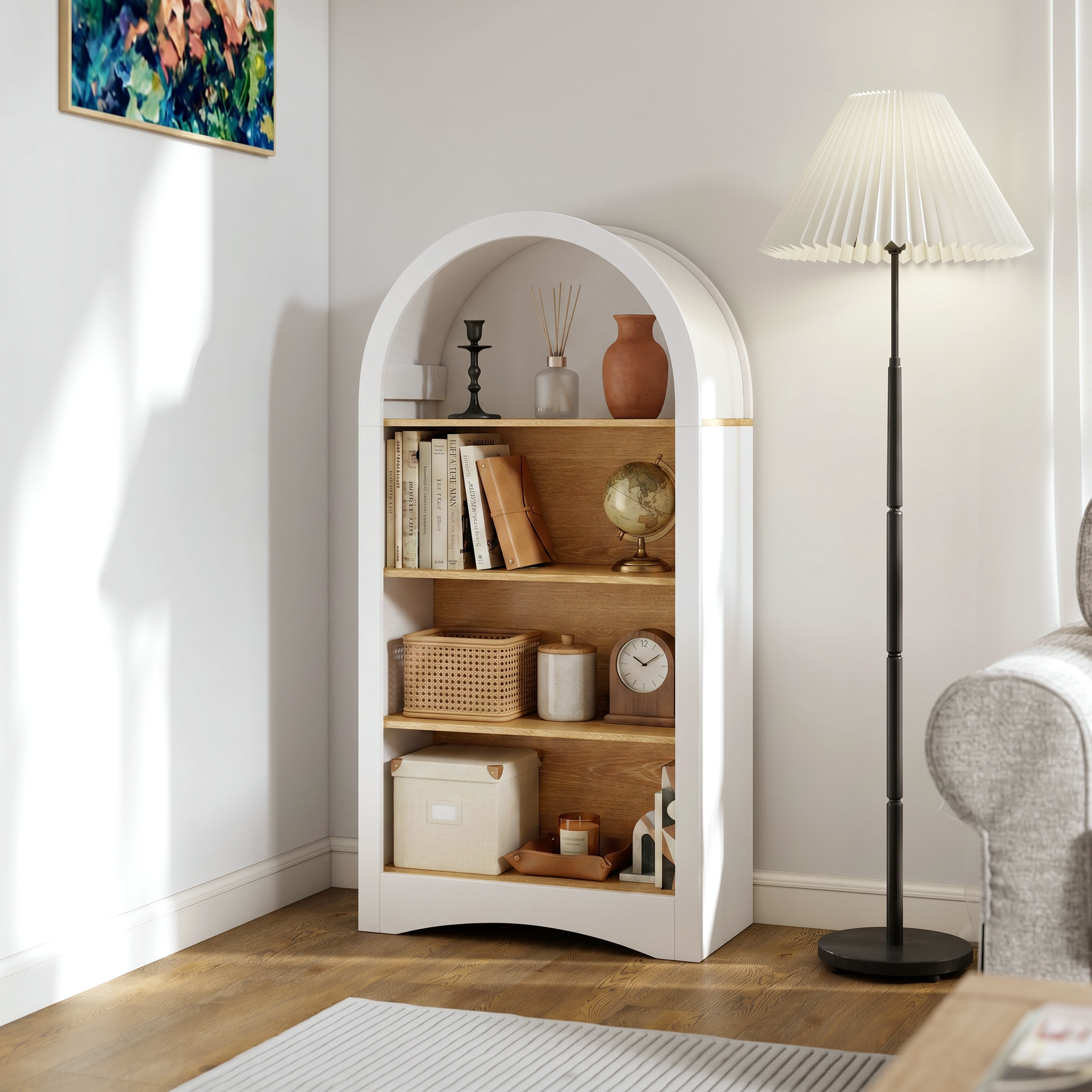 Arched 4-Tier Display Bookcase, Woodgrain Shelves, 47", White