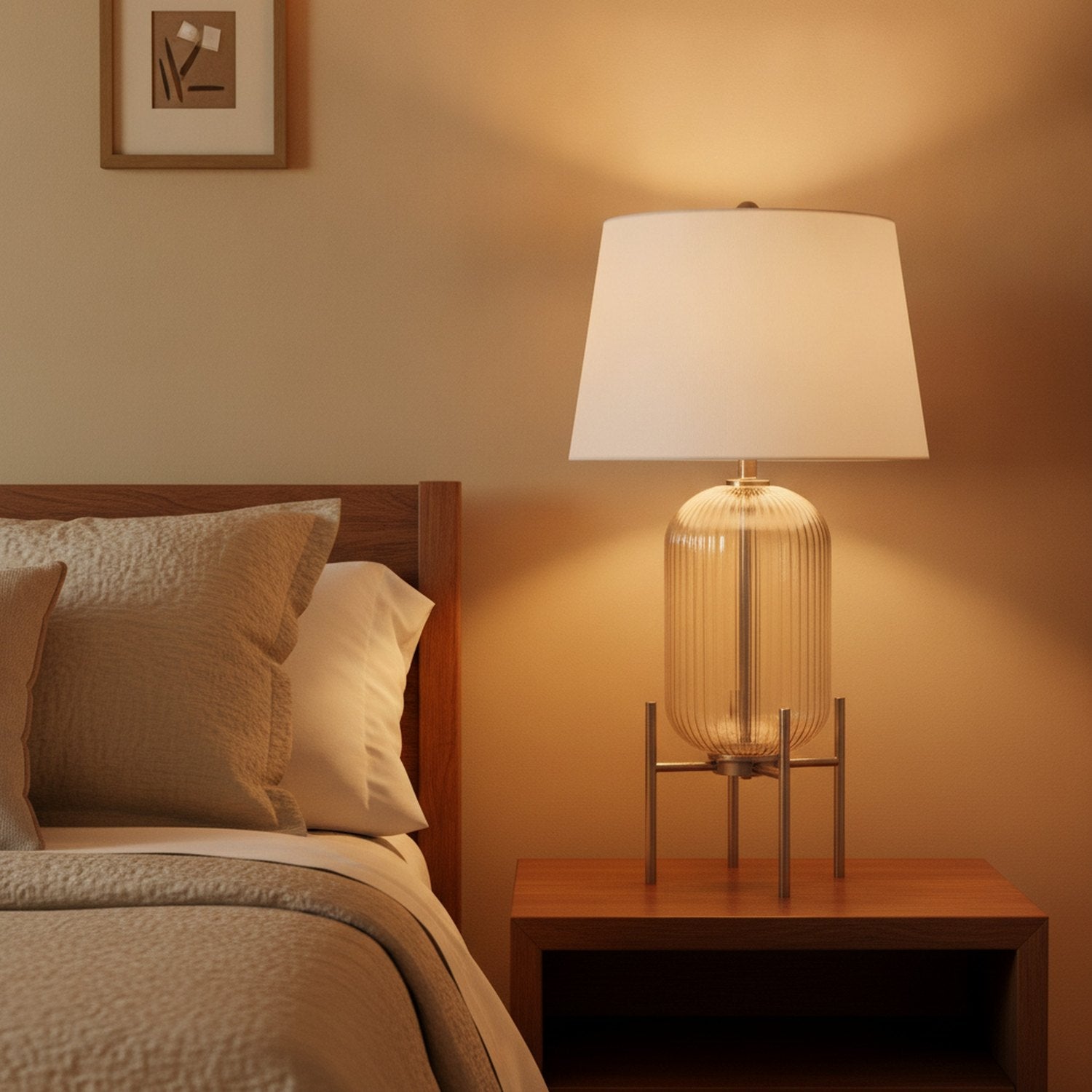 33" Nickel Glass Round Table Lamp With White Empire Shade - L2