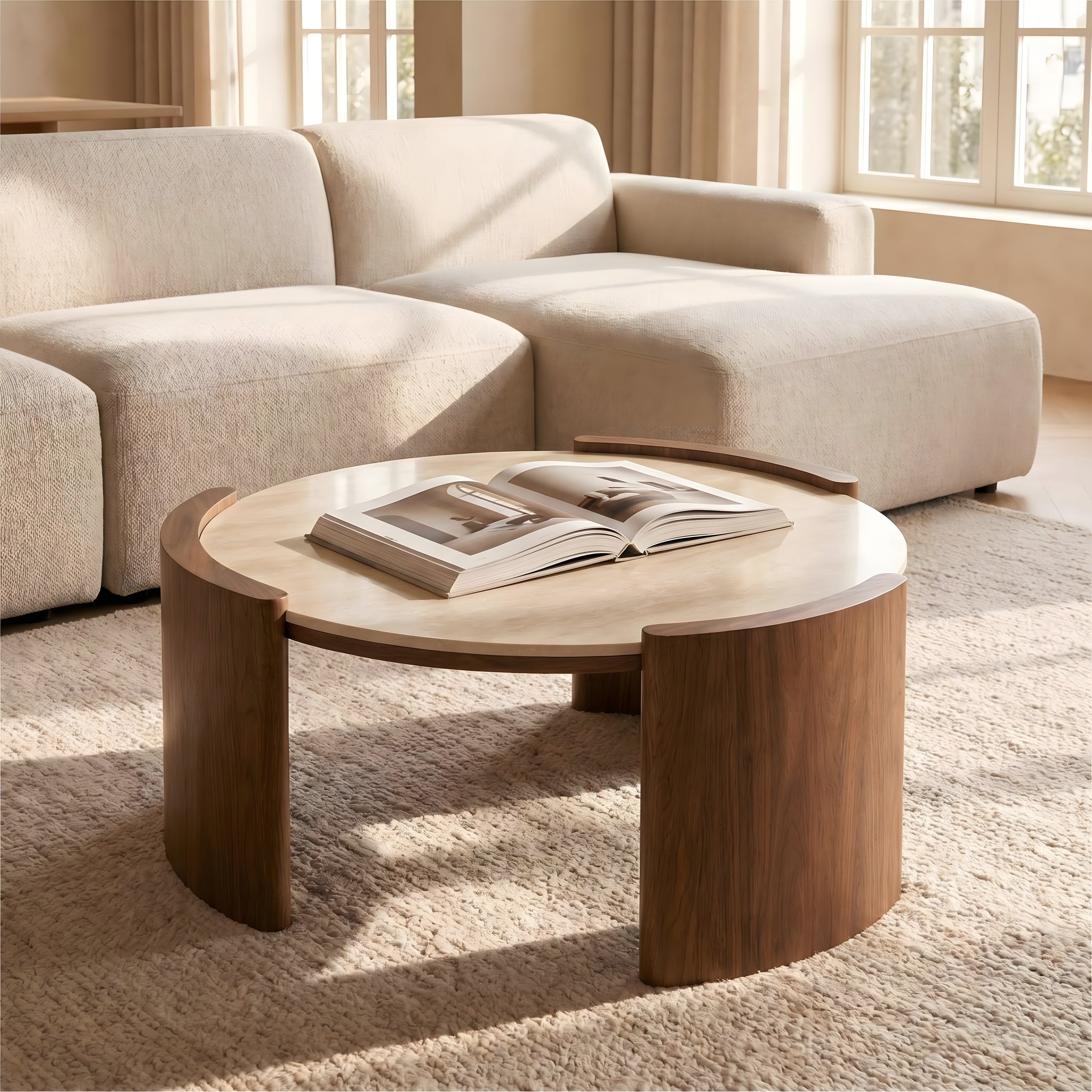 Round Sintered Stone Coffee Table with Walnut Legs, 31.5"
