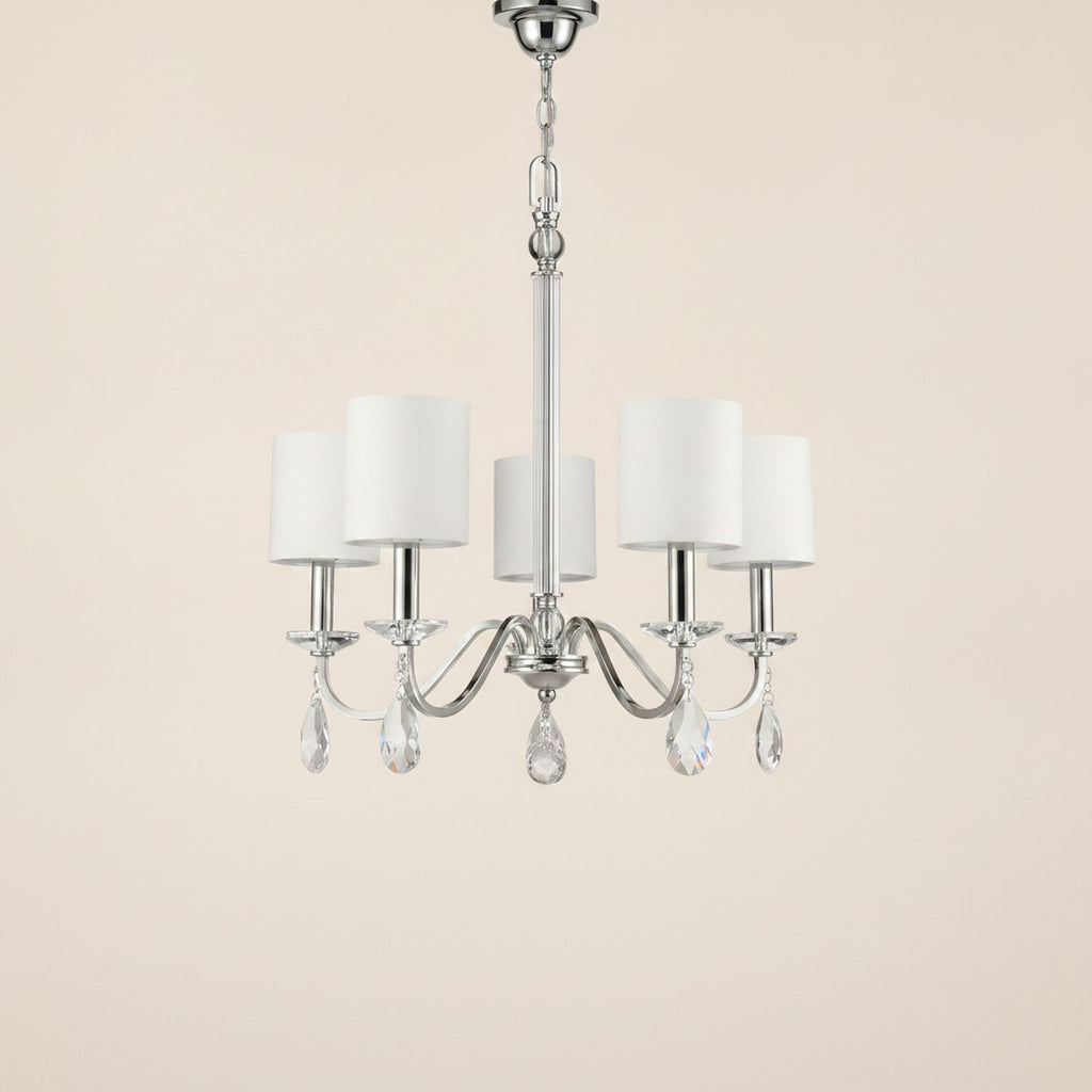 Silver Candle Style Five Light Metal and Crystals Dimmable Chandelier With White Shades - hero